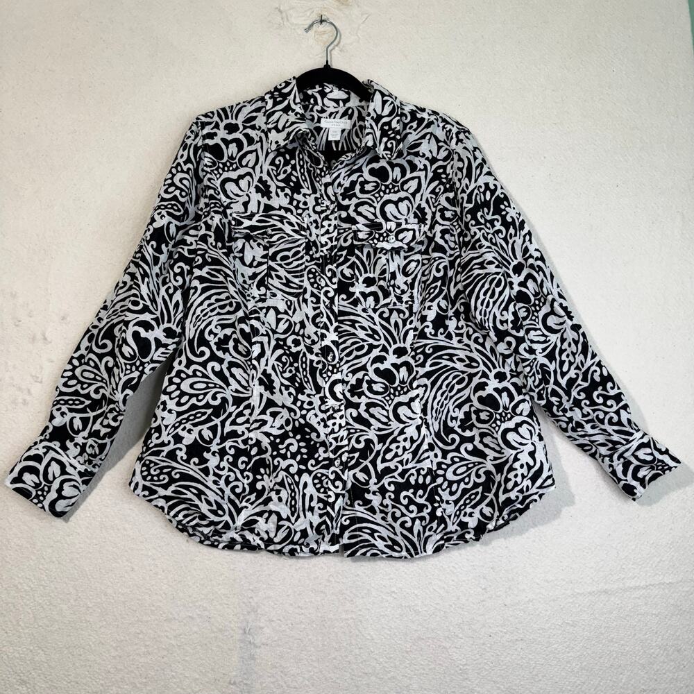Charter Club Linen Button-Up Shirt Bold Black/White Roll Tab 3/4 Sleeve Size 14W
